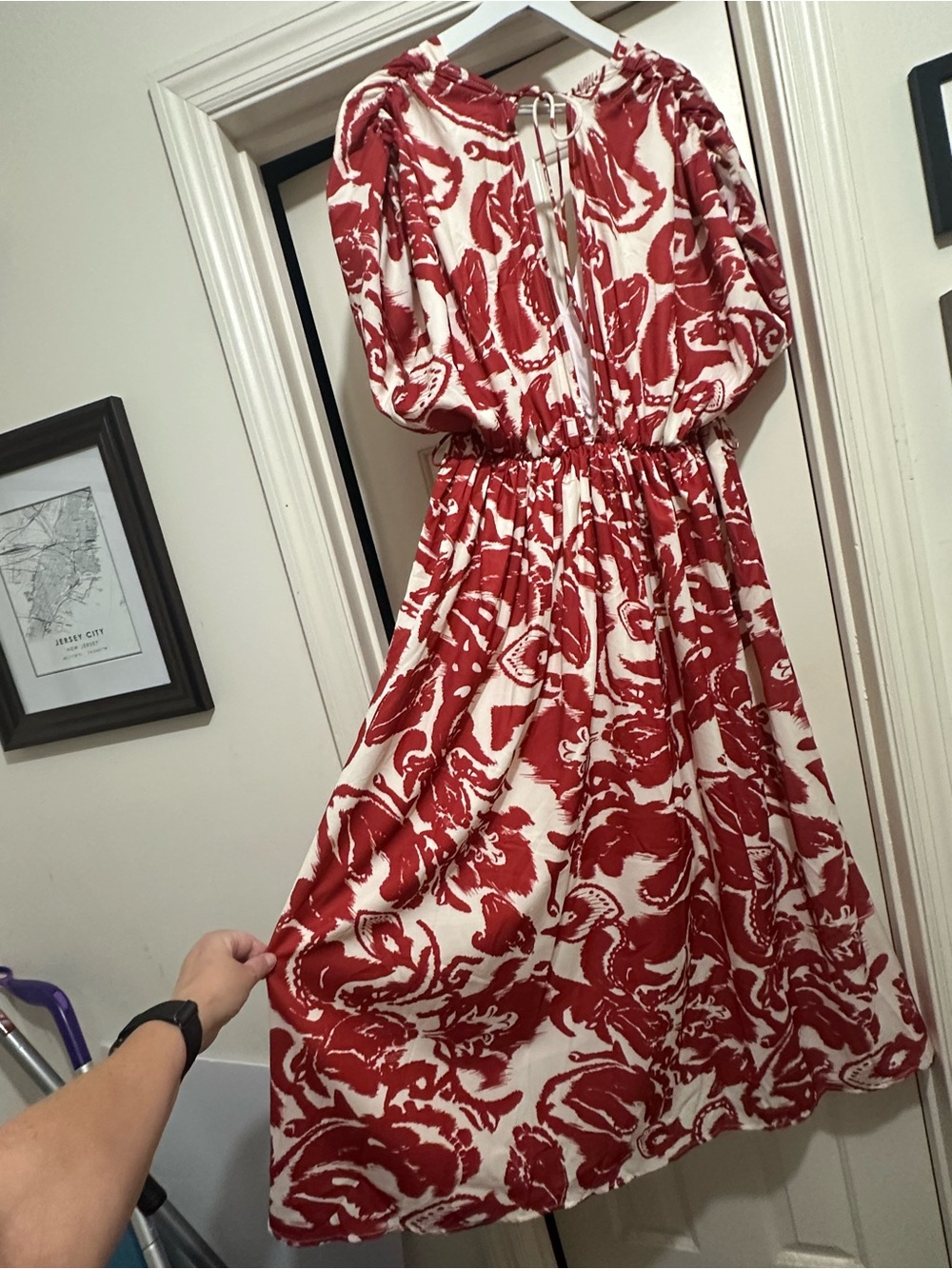 Red and White Floral Midi Dress - Women - w/ Belt